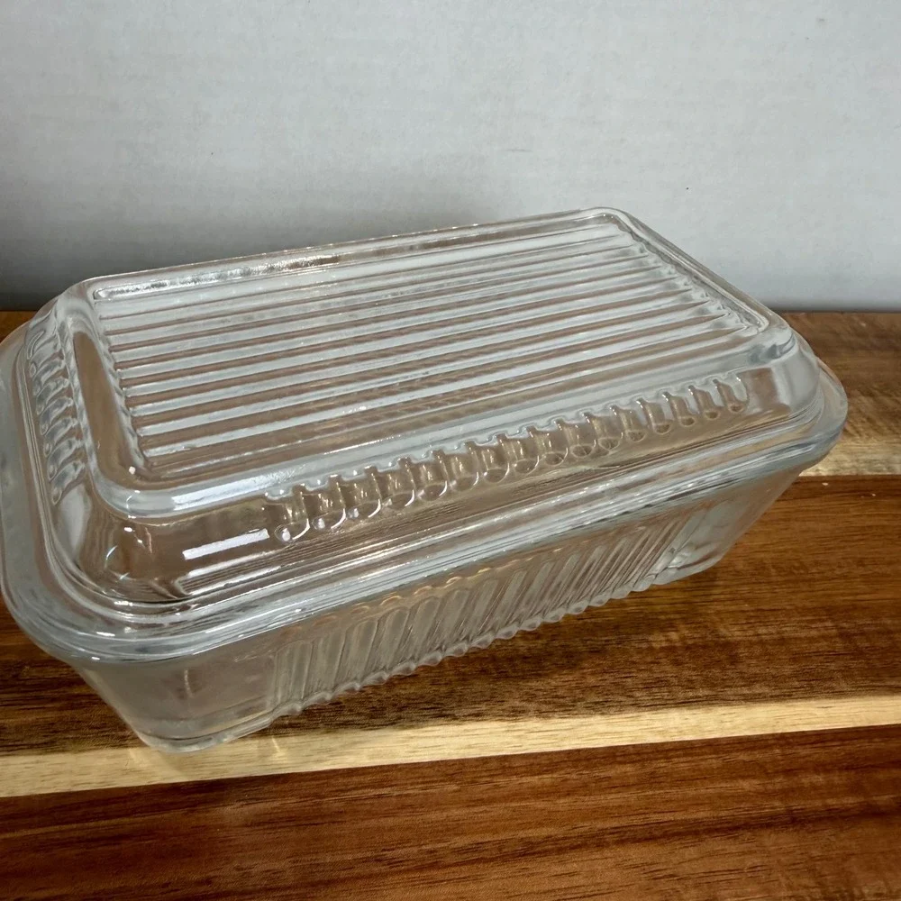 Vintage Clear Ribbed Glass Refrigerator Dish with Lid Rectangular Storage